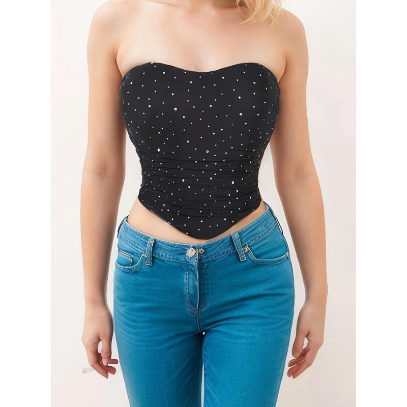 Top Corsetto Senza Spalline in Rete Nera con Strass, Vita Arricciata, Bustier Steccato per Donna
