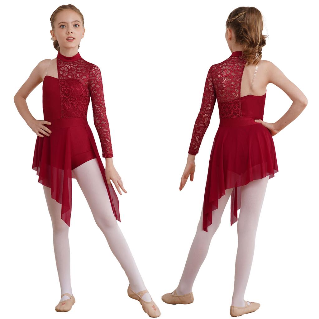 Child Girls Lyrical Dance Dress Ballroom Dancing Costumes Gymnastics Leotard with Asymmetrical Skirt for Figure Skating Dance Wear