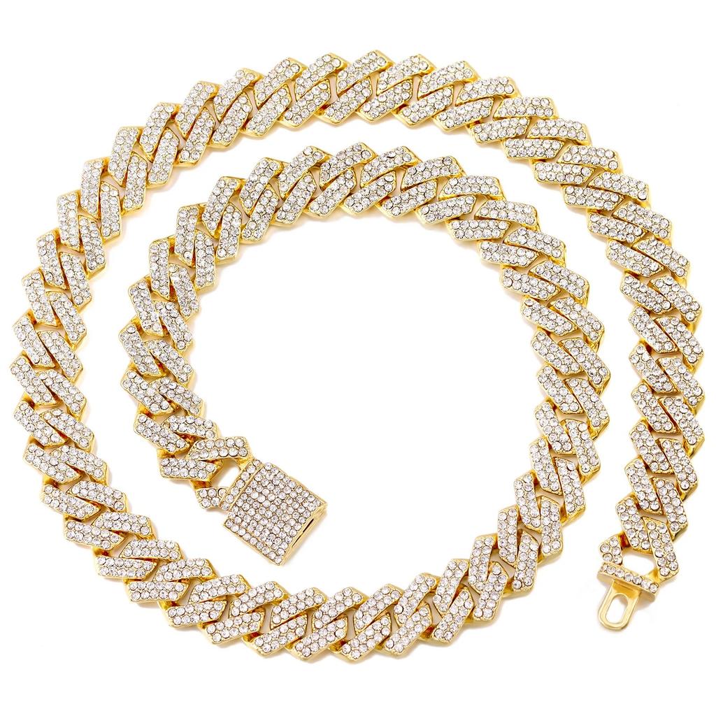 16/18/20/22/24inch Gold Color Cuban Link Chain for Women Men 2 Row Rhinestone Rhombus Prong Cuban Necklaces Hip Hop Jewelry