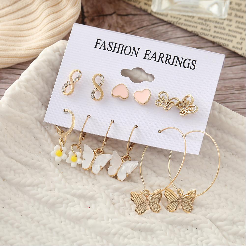 6 Pairs Of Women Alloy Butterfly Hoop Earrings Set Creative Simple 8-shaped Love-shaped Earrings For Valentine Birthday Party Wedding Gift
