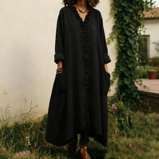 Women's Ruffle Trim V Neck Dress Summer Casual Loose Long Sleeve Maxi Dress Flowy Boho Beach Sundress with Pockets