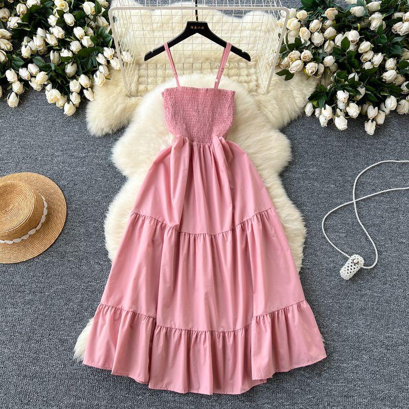 Sling Dress Women's 2024 Summer Dress New Arrival Elastic Tight Waist Slim Looking Sleeveless Tube Top Ruffles Long Dress