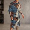 Men Plus Size Blue White Printed Round Neck Short Sleeve Top And Shorts With Pockets Two Piece Set