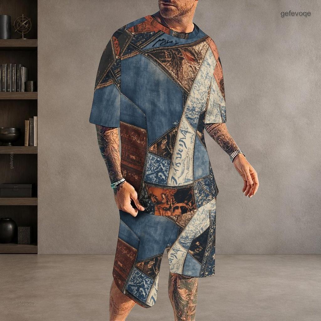 Men Plus Size Blue White Printed Round Neck Short Sleeve Top And Shorts With Pockets Two Piece Set