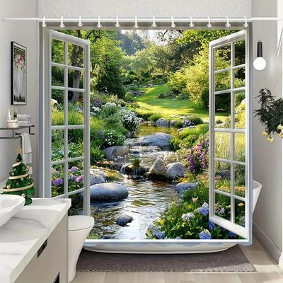 Natural Landscape Shower Curtain | Modern Home Bathroom Decor, Includes  Window Forest Floral Water Outdoor Garden Design