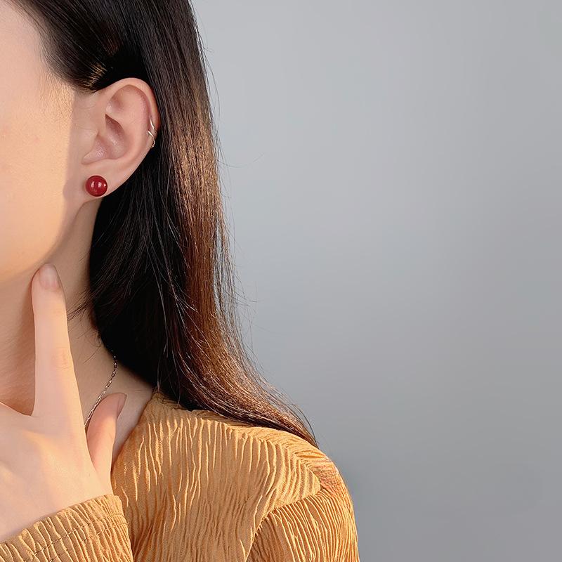Simple Red Round Bead Earrings for Women with Versatile White and Fashionable Temperament Multi-size Earrings
