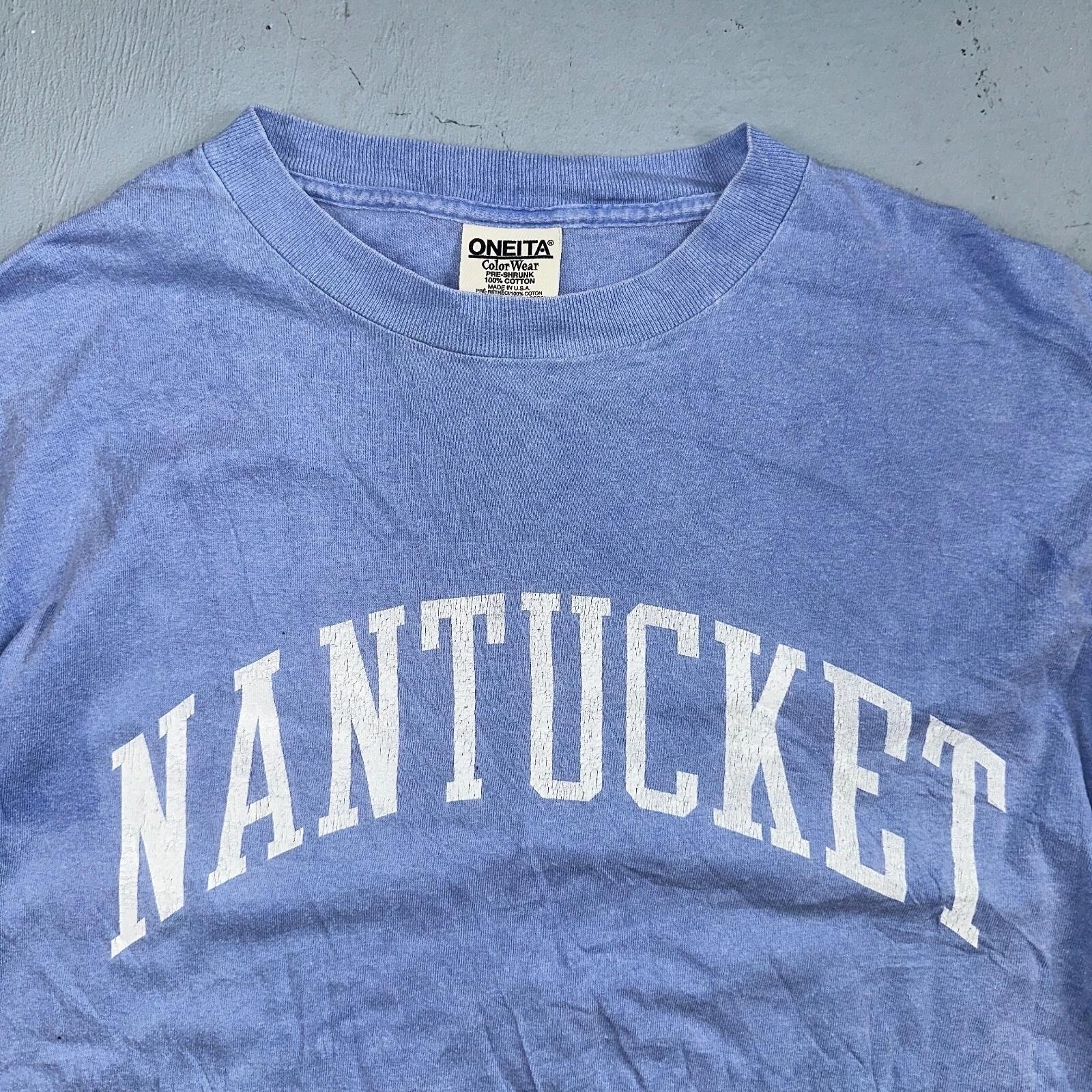 Oneita Nantucket VTG T Shirt USA Boston Simple Script Graphic Logo Light Blue S