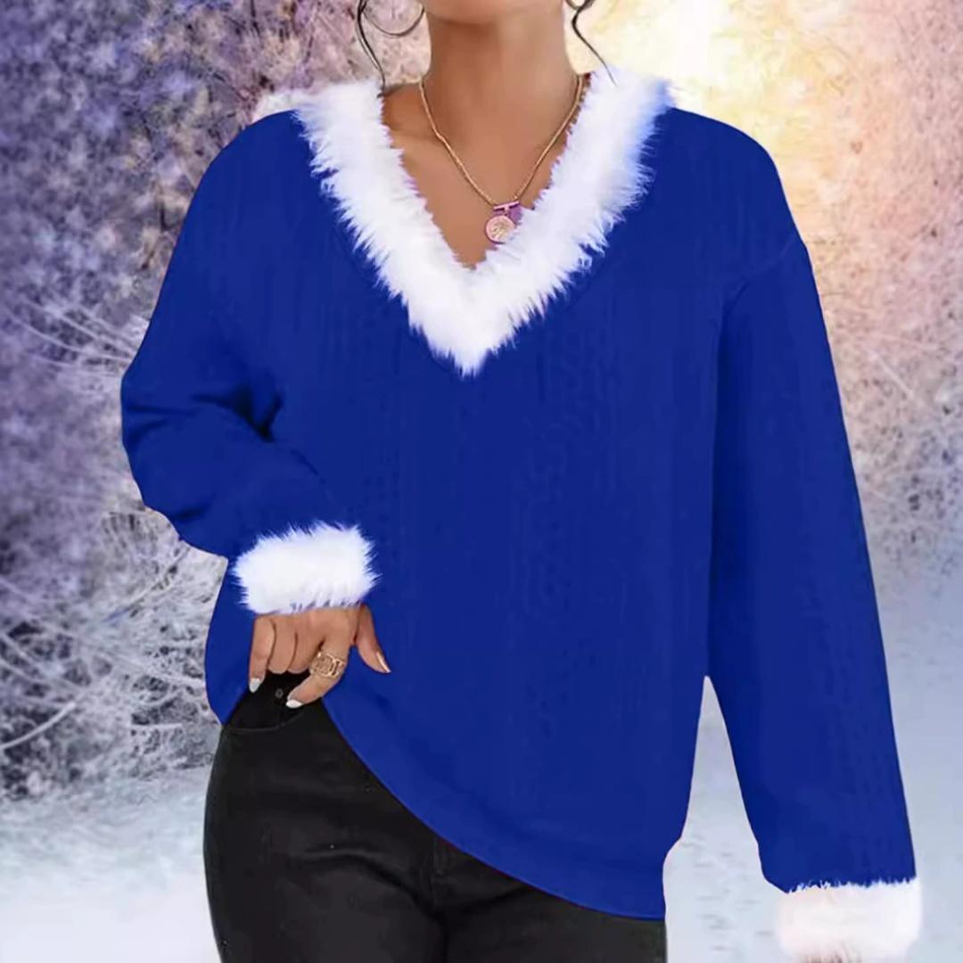 

Осень и Зима Свободный Рождественский Однотонный С V-образным вырезом С Длинным Рукавом Свитер Топ Женский XS синий