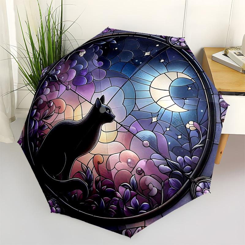 1pc Stained Glass Cat Moon Outdoor Umbrella - Automatic Opening Folding Design, 8-Bone Iron Frame, Festival Gift for Fans, Travelers, Daily Use.KK059