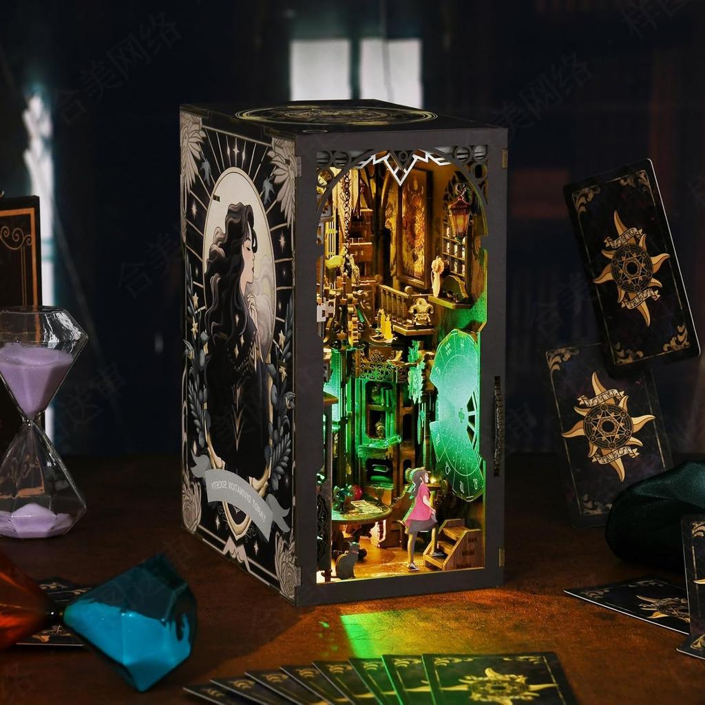 Book Nook Kit for DIY Miniature Dollhouse Bookshelf Decoration with Dustproof 3D Wooden Motion and LED Light Card Adults, Cover, Bookends, Puzzle,