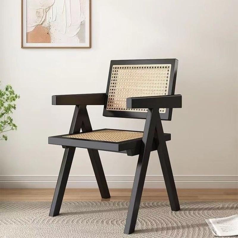 Mid-Century Rattan Chairs Living Room & Kitchen Wooden Chair with Hand-Woven Rattan Backres Home Leisure Chair