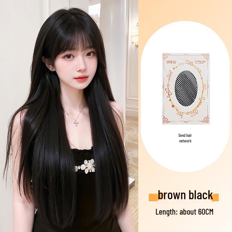 

Жіночий перуку на все волосся з повітряною чубчиком - Чорне Довге Пряме Синтетичне Волосся, Пухнастий і Натуральний для Щоденного Використання.