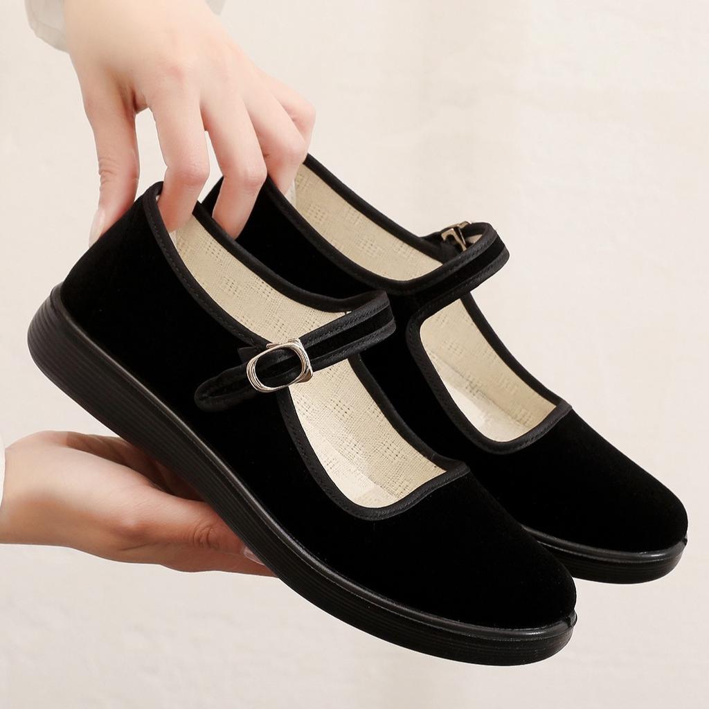 Stoffschuhe Damen weiche Sohle bequem Samt schwarz Ein-Wort-Schnalle Hotel Kellner Putztuchschuhe