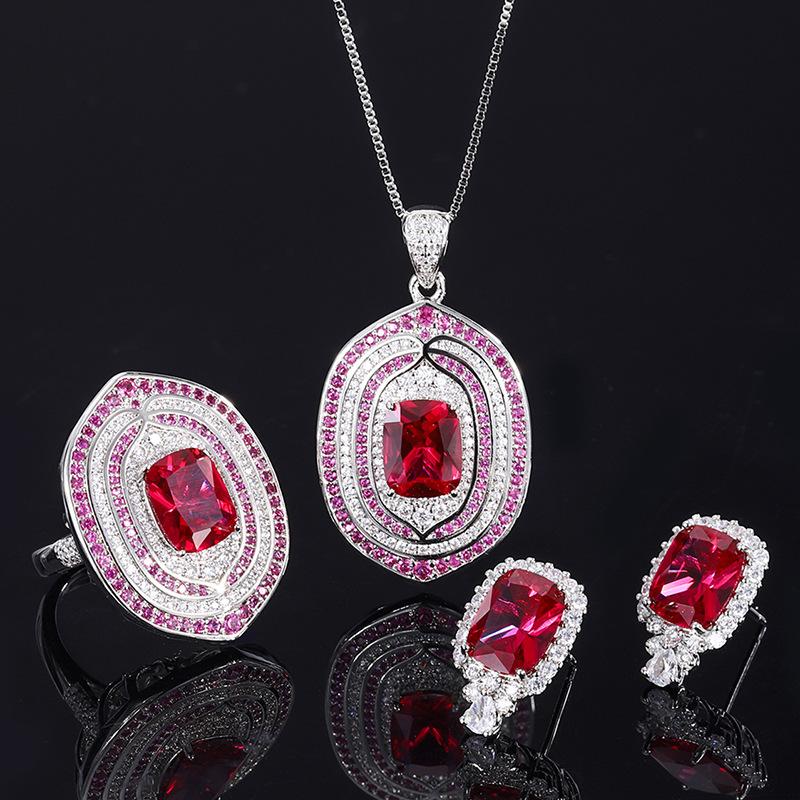 Jewelry Retro Ring Simulation Red Diamond Jade Two-Color Stone Diamond Pendant Ring Stud Earrings Set 8 * 10