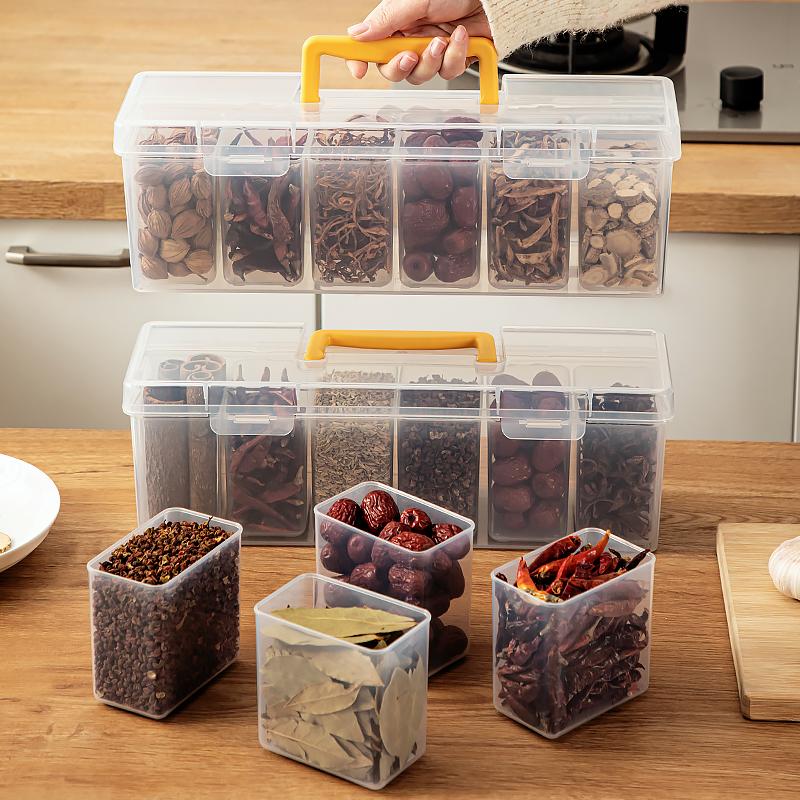 Moisture-proof Spice Container Transparent Plastic Food Storage Box With 6 Compartment Sealed Jar Kitchen Storage Organization