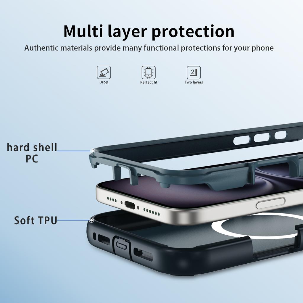 Voor iPhone 16 Hoesje Compatibel met MagSafe Lensframe Kickstand TPU + PC Schokbestendige Telefoonhoes