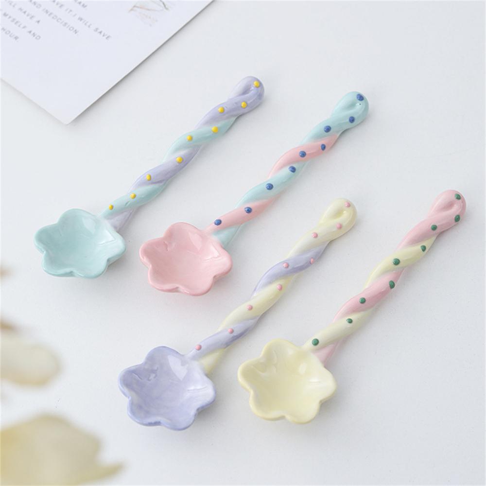 1~10PCS Ceramic Long Handle Spoon Kawaii Korean Ice Cream Hand Painted Dessert Spoon with Long Handle Kitchen Tableware