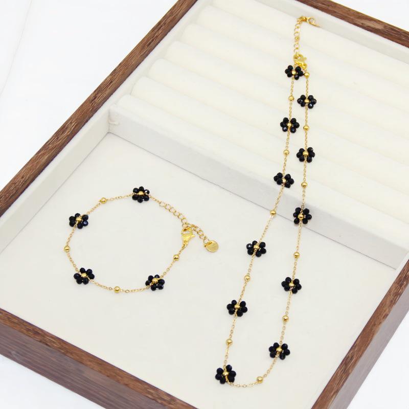 Elegant 18K Gold Beaded Necklace & Flower Bracelet in Titanium Steel