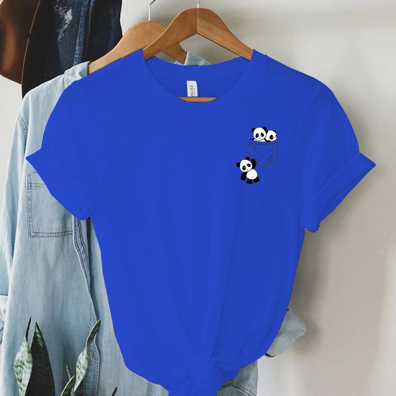 New Women Short Sleeve Top Summer New Pocket Panda Cartoon Printed T-shirt Korean Fashion Women Tops Loose Round Neck T Shirt