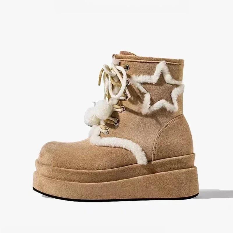 Fashion Shoes for Women 2025 High Quality Lace Up Women's Boots Winter Round Toe Plush Fleece for Warmth Middle Barrel Fashion Boots