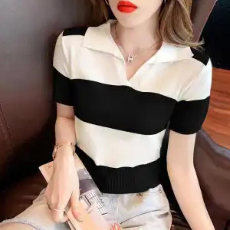 

Korean Summer T-Shirts Women s Polo Collar Striped Contrast Color Loose Short Sleeve Knitting Tops S чорний