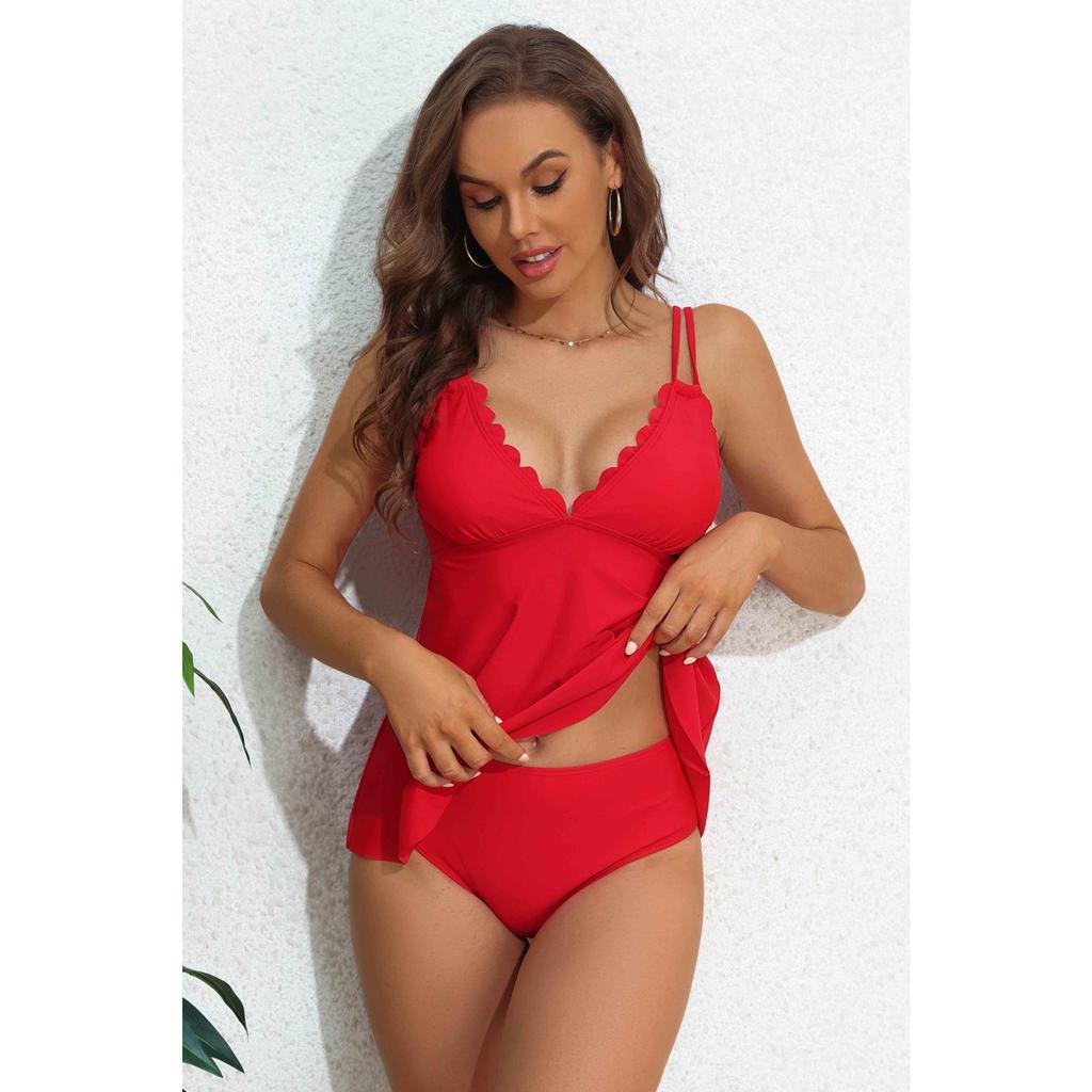 CHARMLEAKS Tankini-Set für Damen, einfarbig, Bademode, Schwimmsets, Spaghettiträger, V-Ausschnitt, gebogene Webkante, Badeanzug