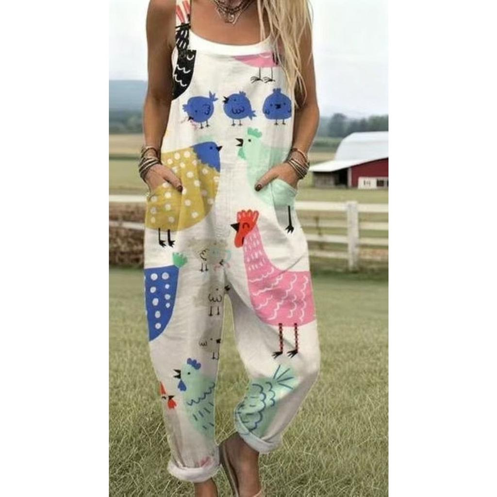 Women's Sleeveless Mid Rise 3D Digital Print Loose Casual Overalls Jumpsuit For Summer