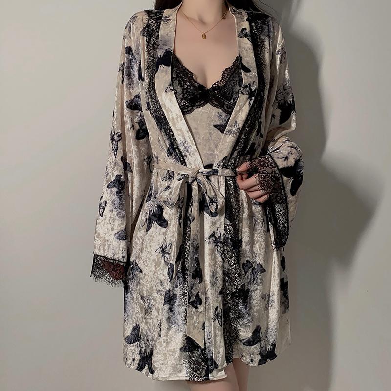Women Nightgowns Sexy Velvet Patchwork Lace Suspender Dress Sleepshirts Porn Butterfly Printed Tie Up Lounge Clothing Comfortable Outer Robe