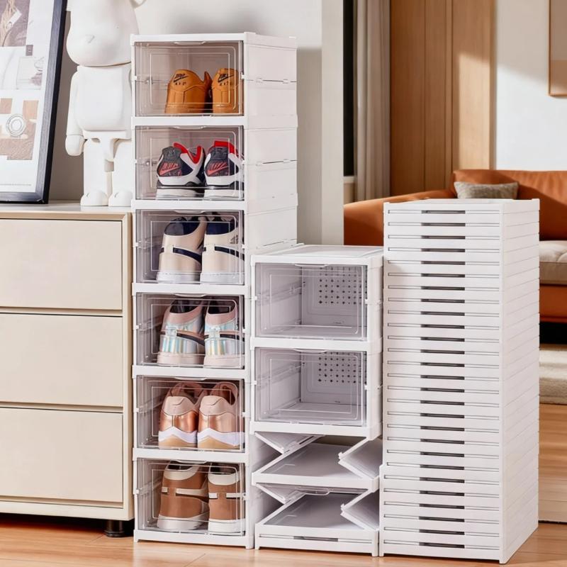 Integrated Folding Shoe Storage Box with Compartments for Increased Capacity, Space Saving, and Stability Without Tilting
