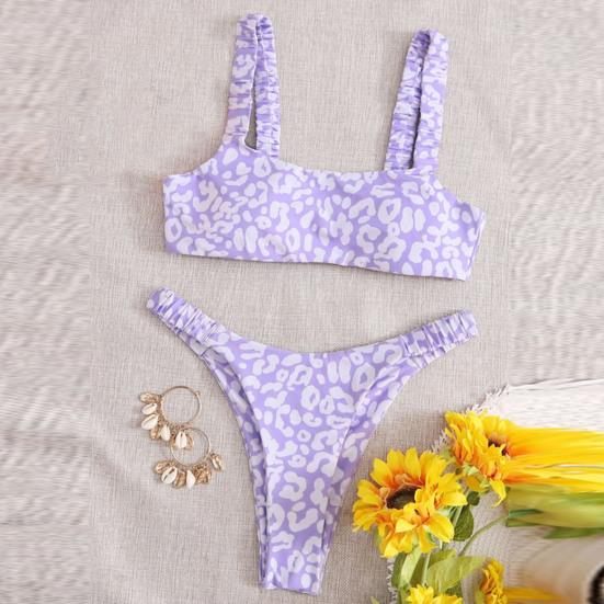 2 Pcs/Set Swimwear Set Leopard Print Soft Quick Dry Slim Fit Bikini