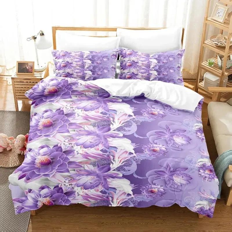 Purple Bedding Set Violets Dog Duvet Cover Quilt Cover 3D Lavender Butterfly Double For Full King Queen Twin Single Size