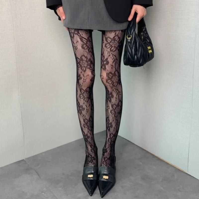 Women Floral Lace Tights Summer Mesh Sexy Hollowed Out Thin and Breathable Retro Punk Y2k Pantyhose Individual Fishnet Stockings