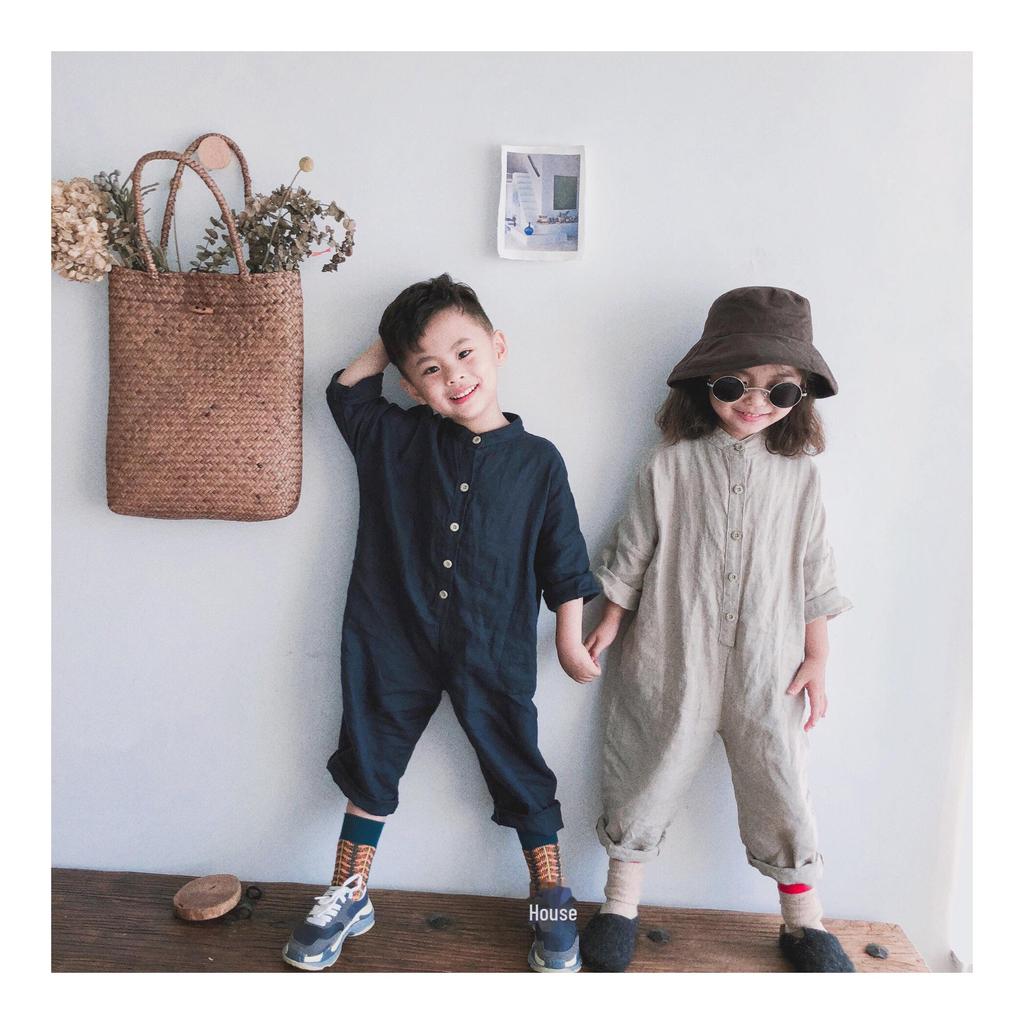 Korean-Style Linen Jumpsuit for Kids - Long Sleeve, Solid Color, Buttoned, Unisex, Loose Fit