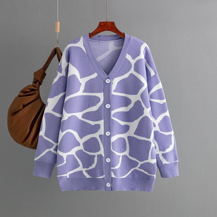 Autumn Winter Women Jacquard Sweater Loose Knit Coat V Neck Long Patterned