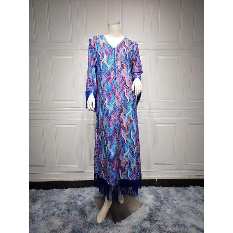 

Middle East Arab Dubai Robe Print Tassel Dress Middle East Printed Dress Blue M