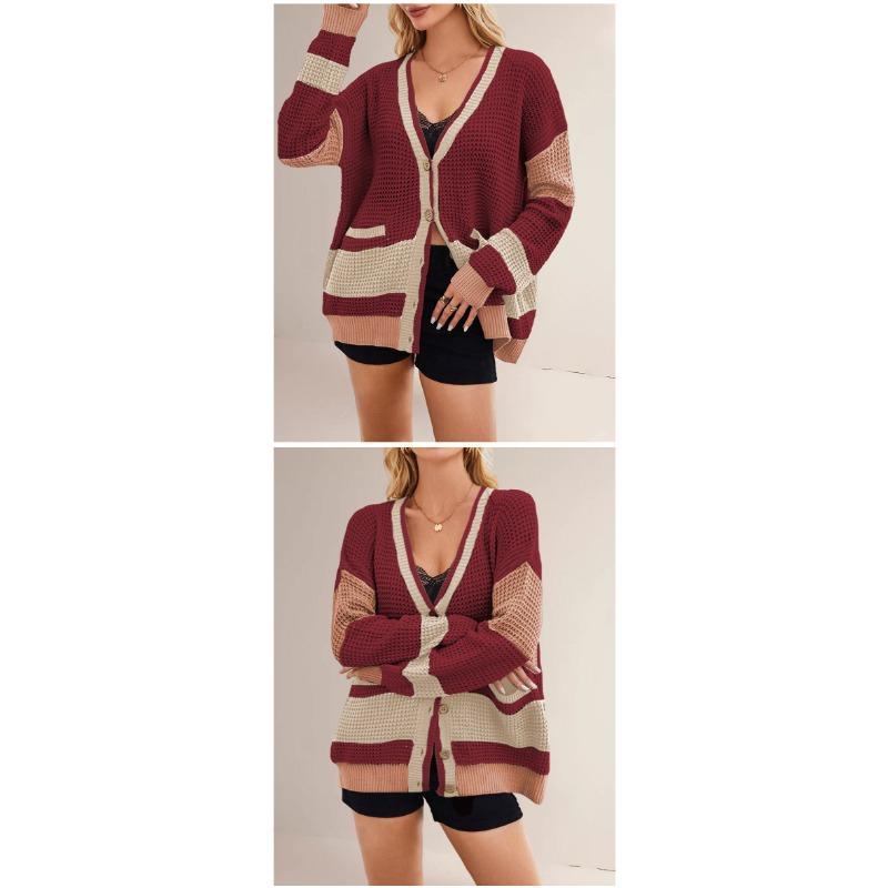 Women S V Neck Oversized Color Block Knit Cardigan Sweater
