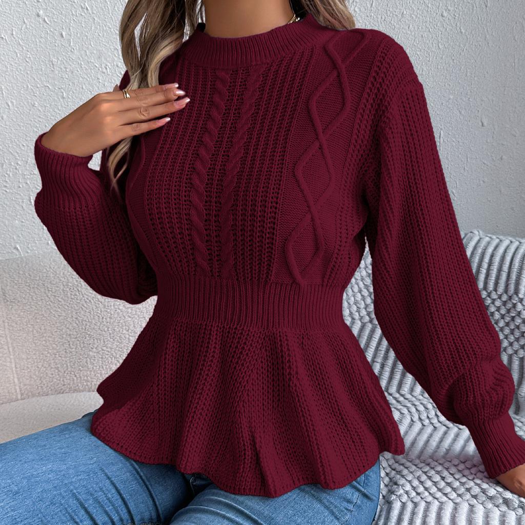 QICED Autumn and Winter Solid-color Braided Waist-cinched Ruffled Long-sleeved Pullover Sweater for Women