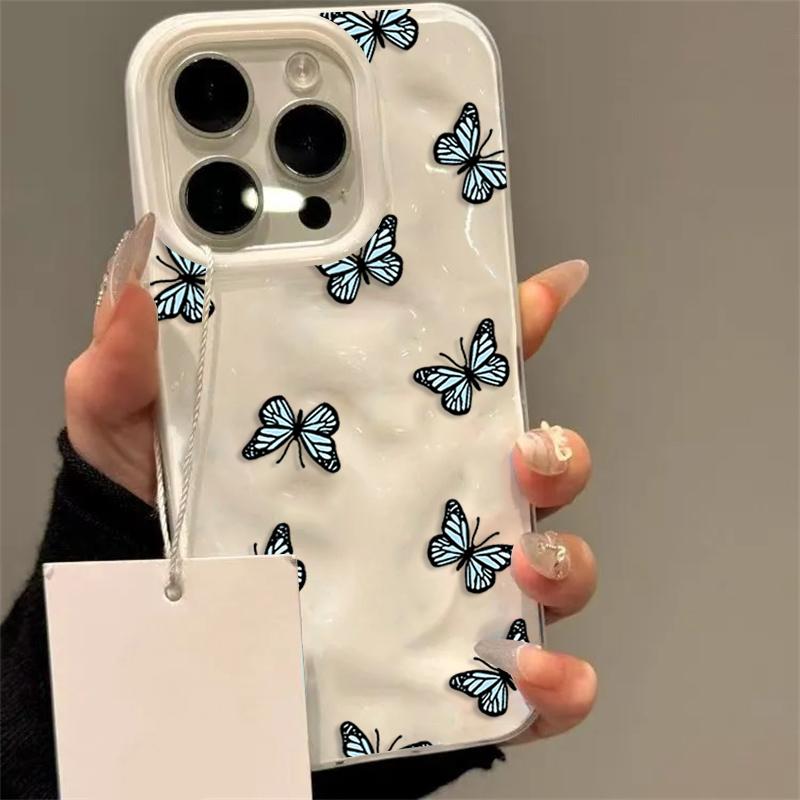 Cute Blue Butterfly Phone Case for iPhone 17 16 Plus 15 14 Pro 13 12 11 Pro Max Air 16E Wave Texture Soft TPU Protective Cover