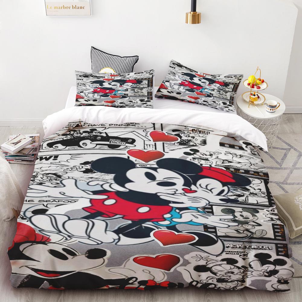 Mickey and Minnie Mouse Love Printed Bedding Set Cartoon Microfiber Bed Set Pillowcase Adult Bed Cover Bedroom Bed Set Duvet