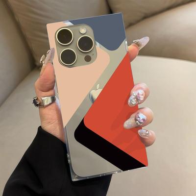 Quadratischer Rückseite Rohrschutz Klare Hülle für iPhone 15 Plus 14 Pro Max 16 ProMax 11 13 12 Anti-Sauerstoff, Geometrisches Farbkollisionsmuster Hülle