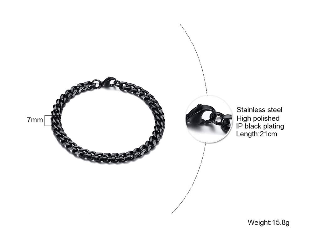 [Deelfel] Bracelet Chain, Black, 23cm, Shiny Surface, Curb Chain, Titanium, Hypoallergenic, Perfect for Anniversaries, New Year's, Parties, Gifts, Sty