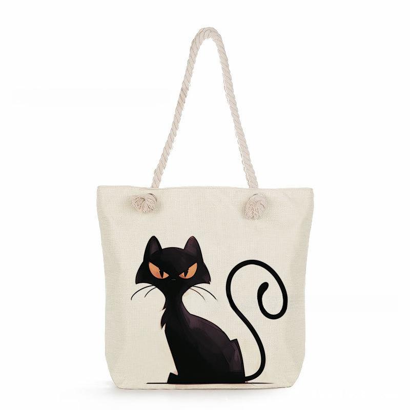 Black cat print thick rope single-shoulder beach bag 7364