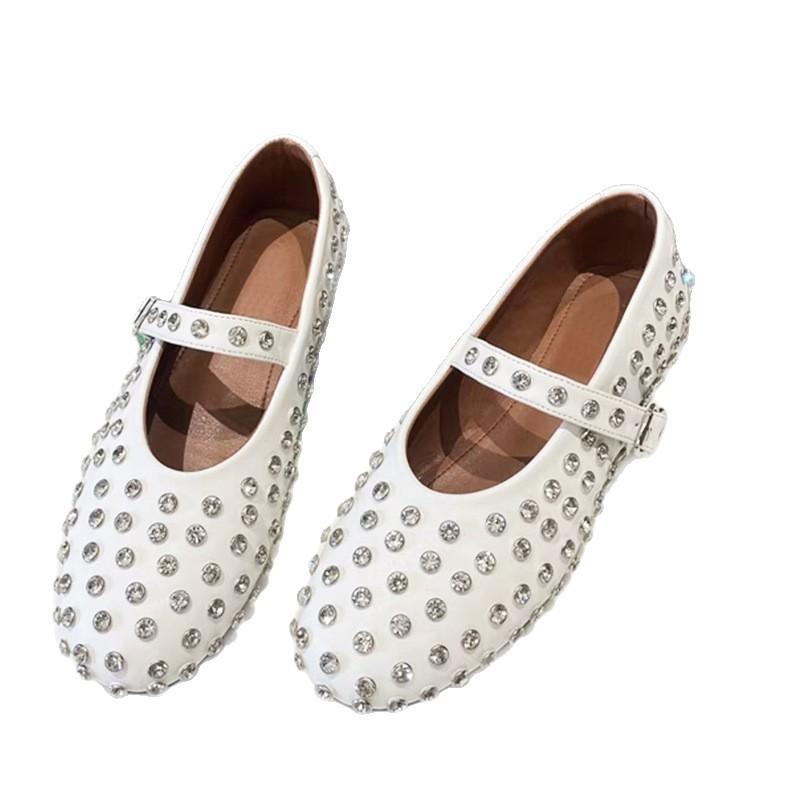 Rhinestone shallow mouth, flat bottom one-word buckle belt Rhinestone mesh hollowed sandals women's summer, new