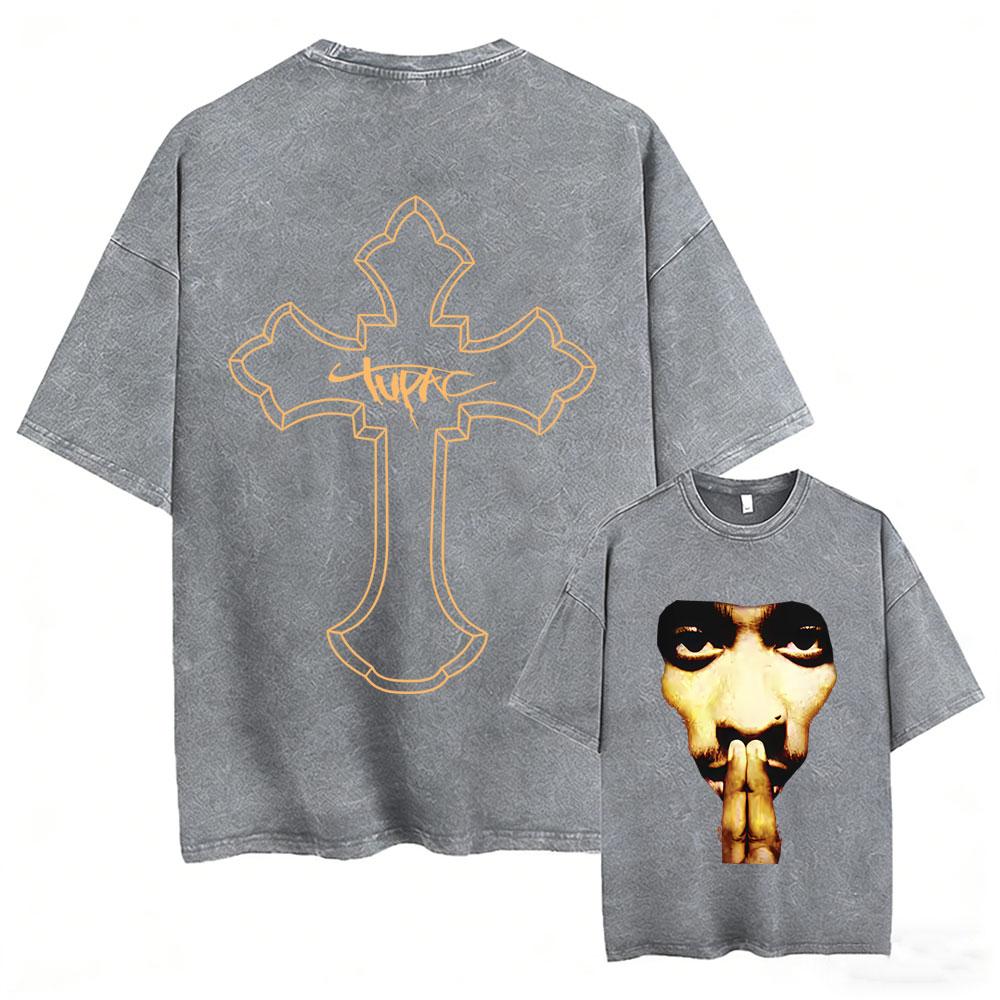 Rapper Tupac 2pac All Eyez On Me Cross Vintage Washed T Shirt Men Hip Hop Fashion Retro Tshirt Mens Casual Oversized Tshirts