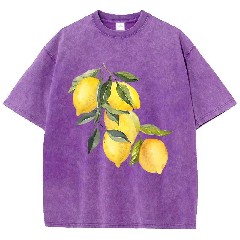 Creative Lemon Pattern Printing Washed TShirt Women Cottont Shirts ONeck Oversized Acid Wash Tops Summer Casual Woman Clothes