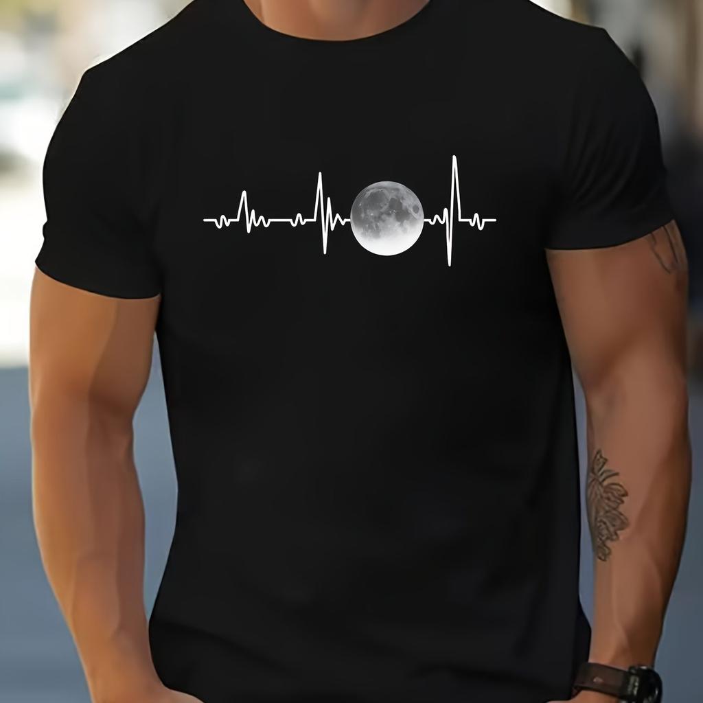 2025 Men's Summer Cotton ECG Moon Printing Fashion Casual Large Size Sports Soft Loose Crew Neck Short Sleeve T-Shirt