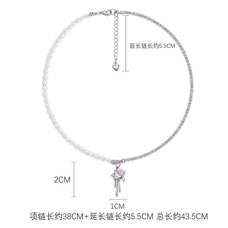 Pink Diamond Pearl Splicing Necklace Sweet Niche Design Delicate Personality Clavicle Chain Premium Sense Necklace