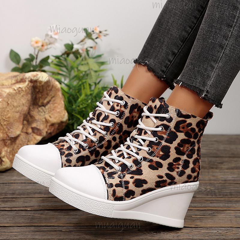 Fashion Leopard Print Wedge Heel Short Boots for Women Fashion Lace Up Platform Ankle Boots Woman Thick Sole Casual High Top Sneakers