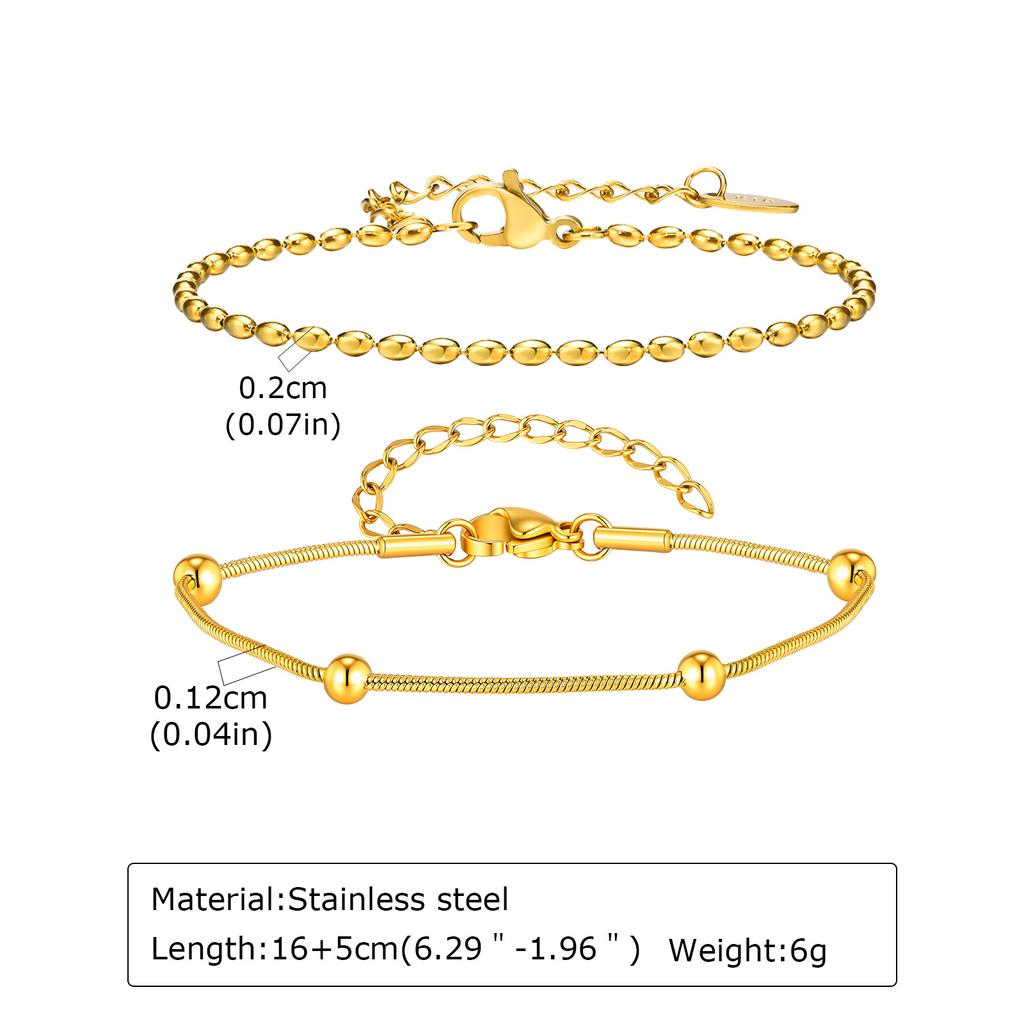 316L Stainless Steel Bracelet 2PCS, Golden Layered Chain Adjustable Stackable Jewelry, Women Summer Vacation Gift