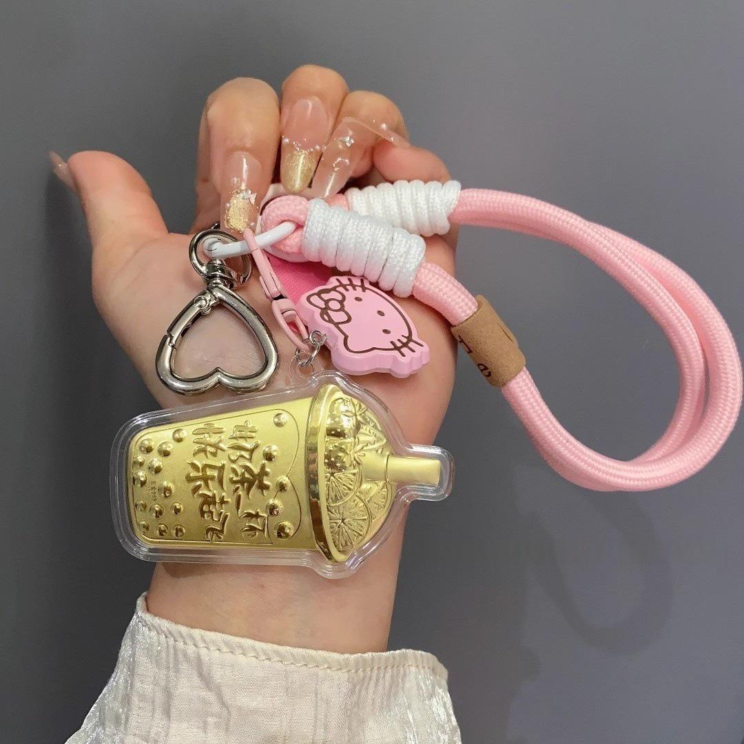 Doraemon 999 Pure Gold Keychain & Phone Pendant - Pink Bear Bag Charm, Horse Year Mascot.